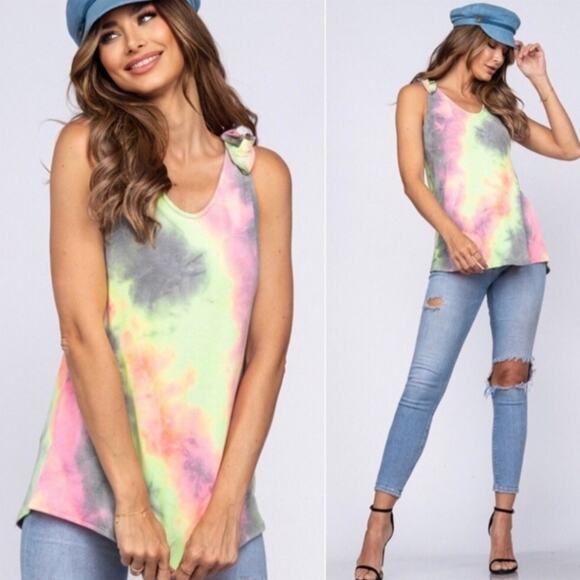 Celeste Women's Soft French Terry Ruffle Relaxed Tank Top Retro Neon Tie Dye - Picture 6 of 7